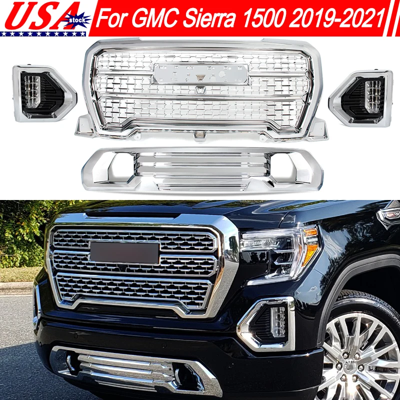 Malla de parrilla central inferior cromada para GMC Sierra 1500 Denali Look, rejilla superior de parachoques delantero, lámpara de luz antiniebla Led con embellecedor de bisel