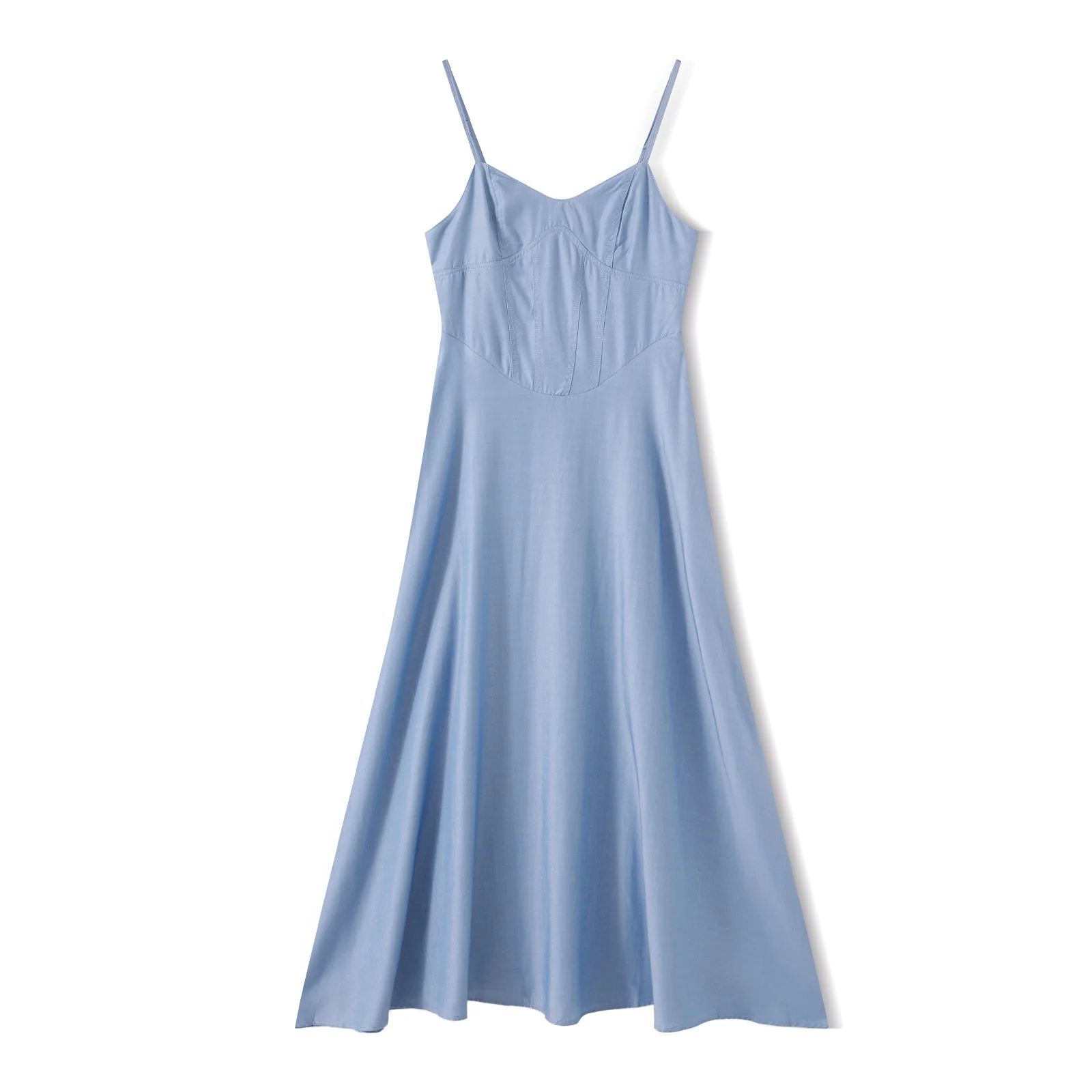 Abito lungo in denim da donna, senza maniche, con cinturino per spaghetti, smock sul retro, abito da vacanza