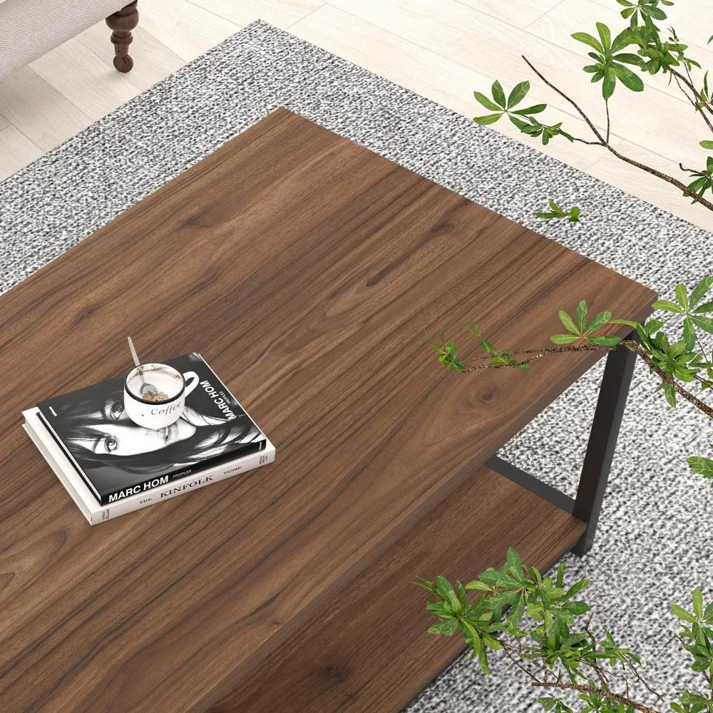 Modern Rustic Coffee Table with Storage Shelf, Metal and Wood Cocktail Table for Living Room, 39.3 Inch Wide