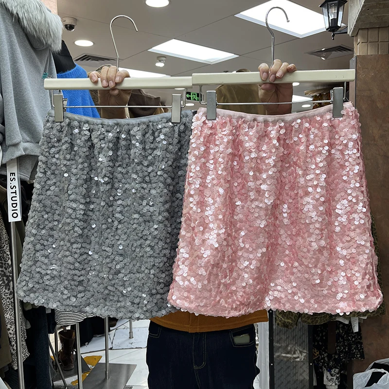 

Women's Hot Girl Elastic Waist A Line Sequined Short Skirt Lady Solid Color Bling Bling Glossy Mini Skirt