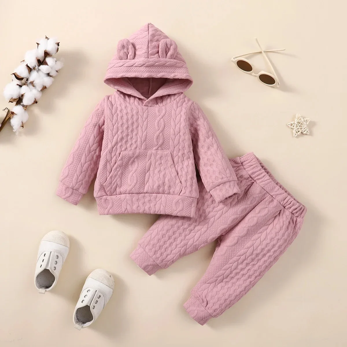 Winter Newborn Infant 1-2 Years Old Baby Girls Baby Set Long-Sleeved Hooded Soft Fashion Sports Baby Clothing