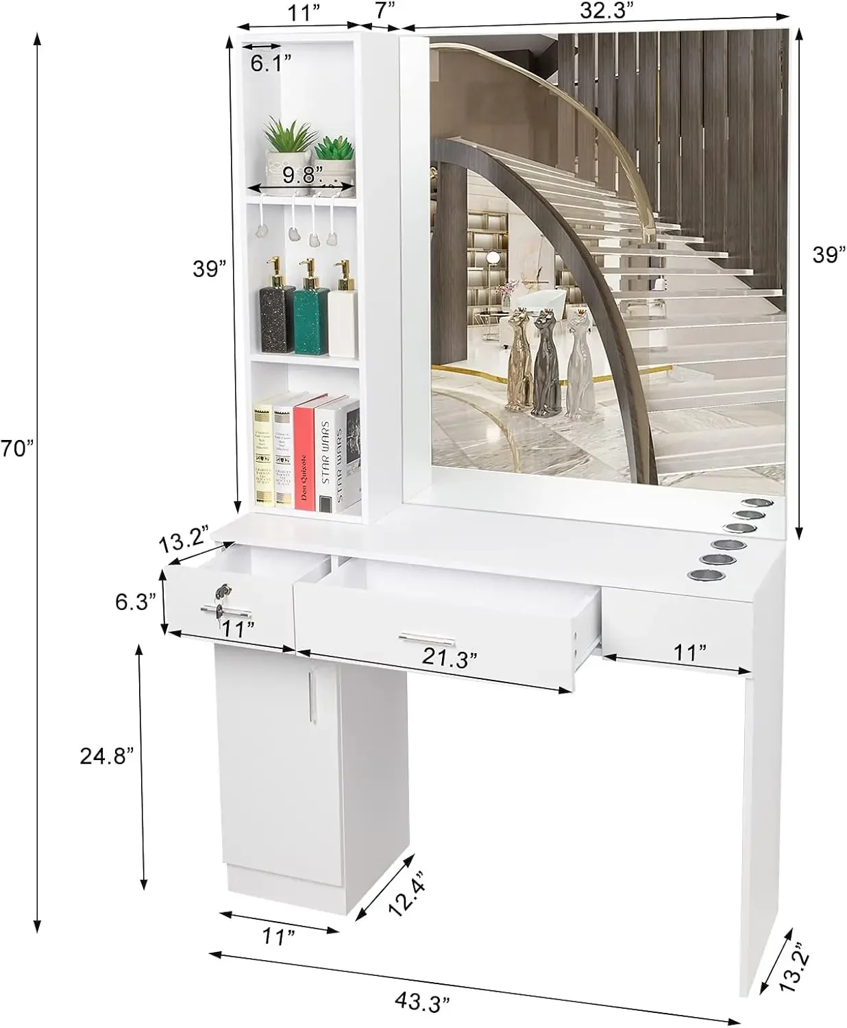 Barber Station Wall Mount Salon Hair Styling Beauty Spa Equipment w/Mirror, 2 Drawers, 1 Storage Cabinet, 3 Open Shelves (White)