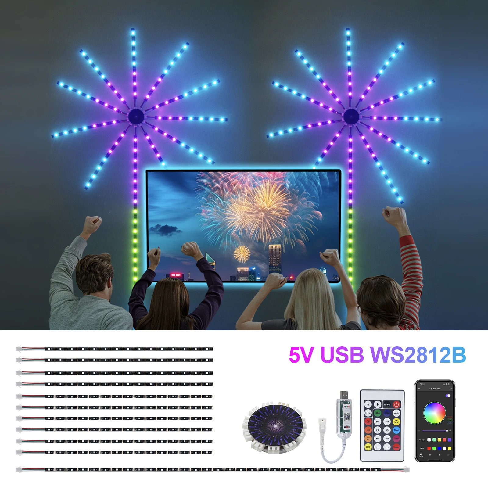 Imagem -03 - Sonho Cor Mudando Música Rgb Firework Luz Bluetooth Usb Controle Inteligente App Parede do Quarto Festa Decoração de Férias Tira Led Ws2812b 5v