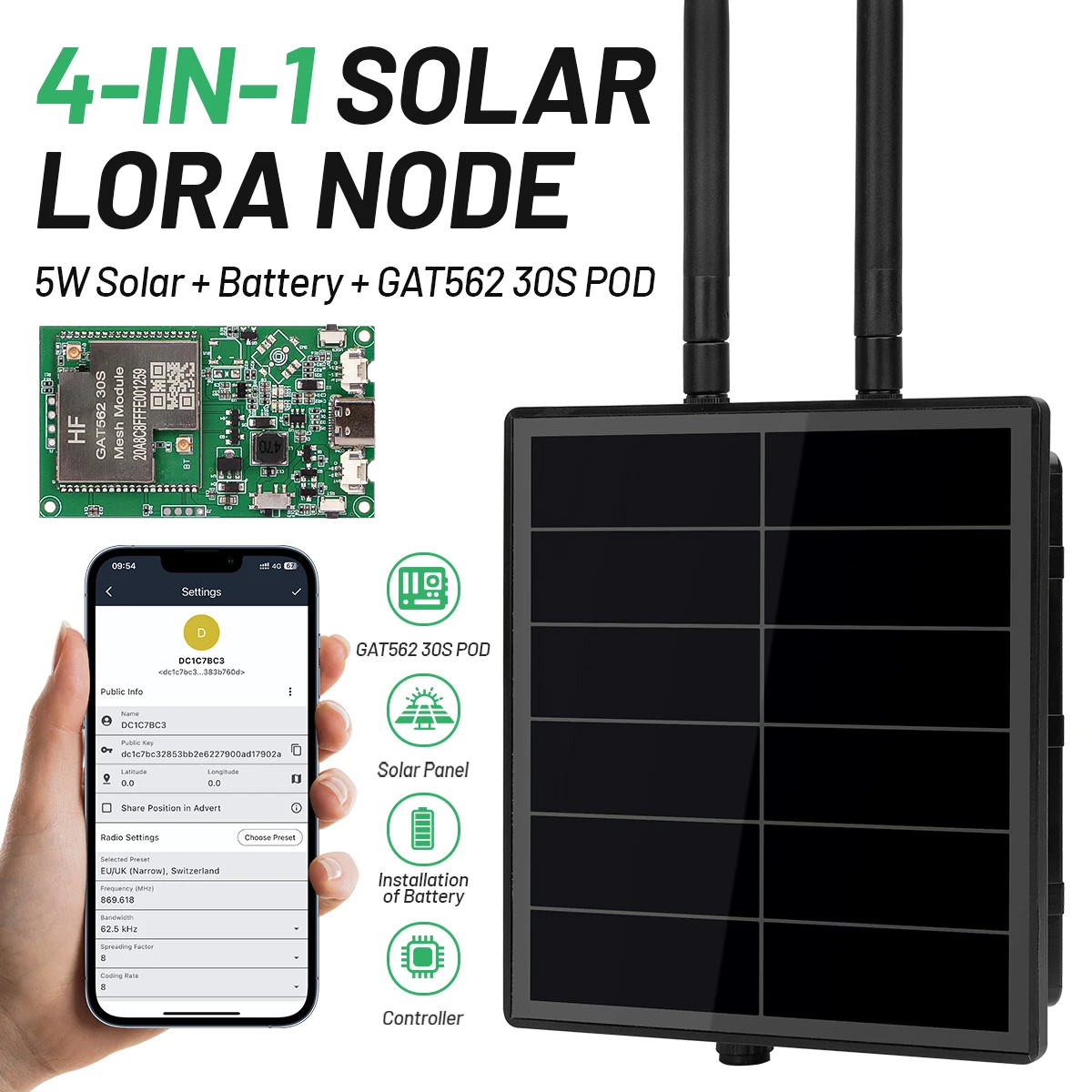 D5L-G1 Solar Power LoRa Repeater Node Built in 30dBi Board GAT562 30S Kits Flashing Meshcore Meshtastic Node Product