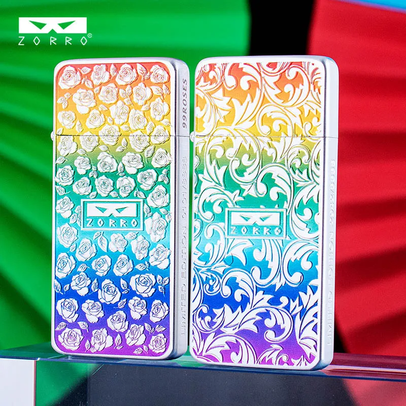 ZORRO Brass Ultra Thin Rainbow Tang Grass Rose Windproof Open Flame Kerosine Lighter Grinding Wheel Ignited Exquisite Lighters
