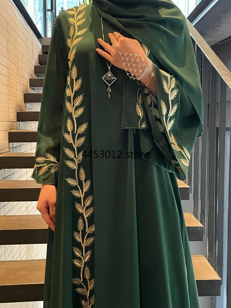 Robe longue brodée avec écharpe pour femme, abaya musulmane, Eid, Dubaï, arabe, Maroc, Kaftan, écharpe de sauna, magnifique, ensemble de 2 pièces