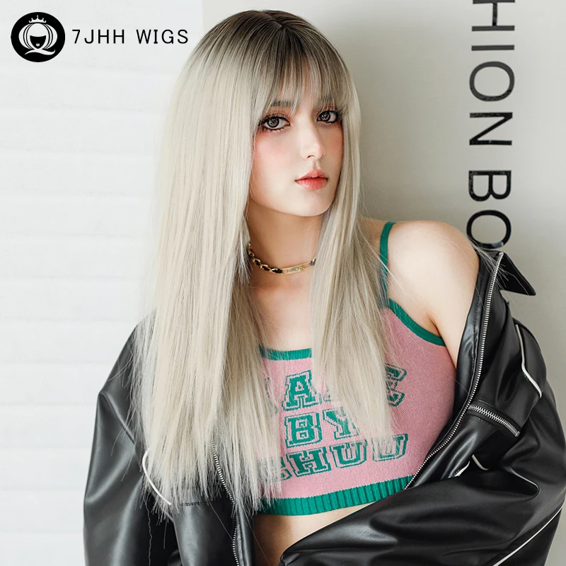 7JHH WIGS Costume Wig Synthetic Long Straight Ombre Blonde Wigs with Dark Roots High Density Ash White Wig for Women Cosplay Wig