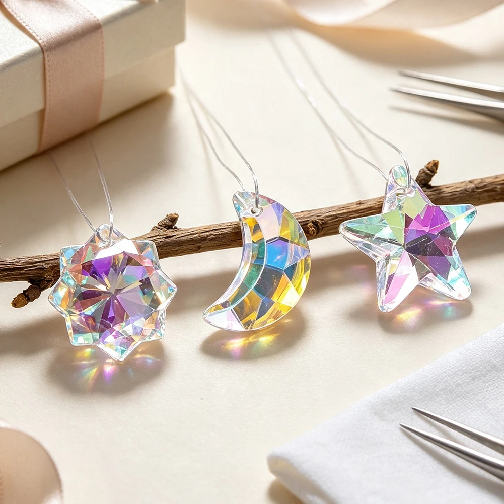 E5 12Pcs 20mm AB Aurora Crystal Beads Star Moon Snowflake Glass Beads Suncatcher Wind Chimes Lamp Pendant Charms Jewelry Making