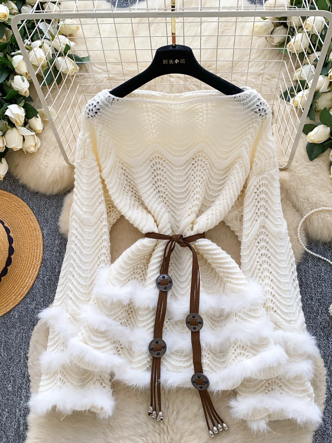 المرأة متماسكة سترة طويلة الأكمام الجوف خارج مربوط الخصر فروي تقليم بلوزة فضفاضة #4