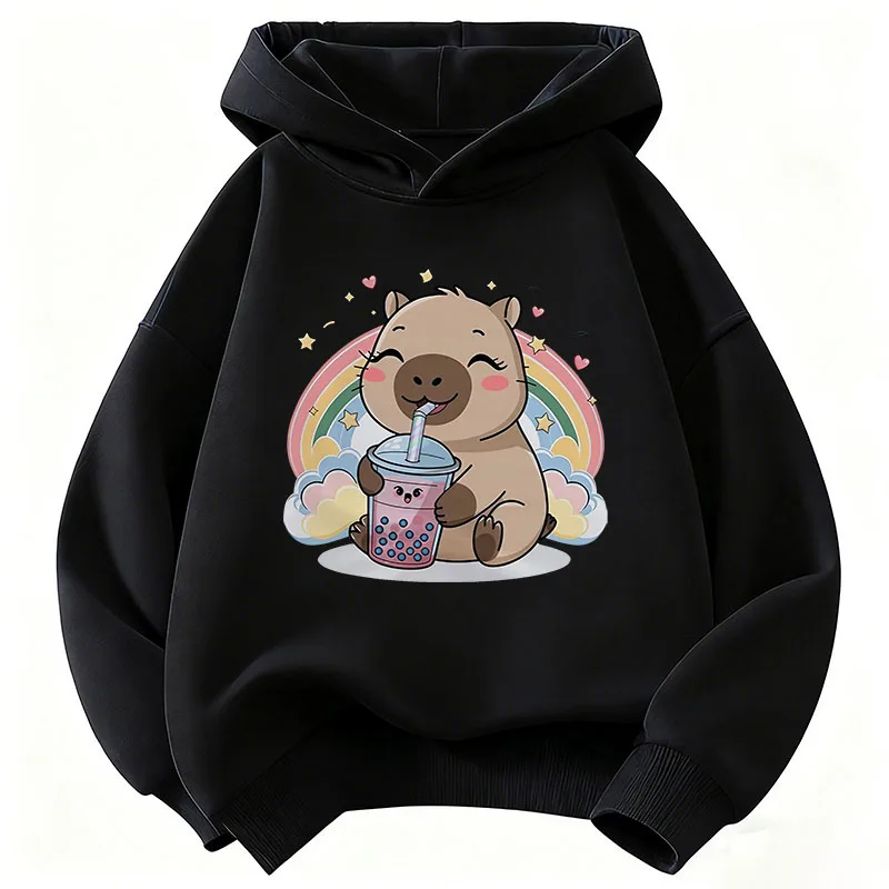 Happy Rainbow Capybara Drinking Juice Hoodie Kids Children's Sweatshirt Hoody for Boys Girls Casual Hoodies Funny Clothes