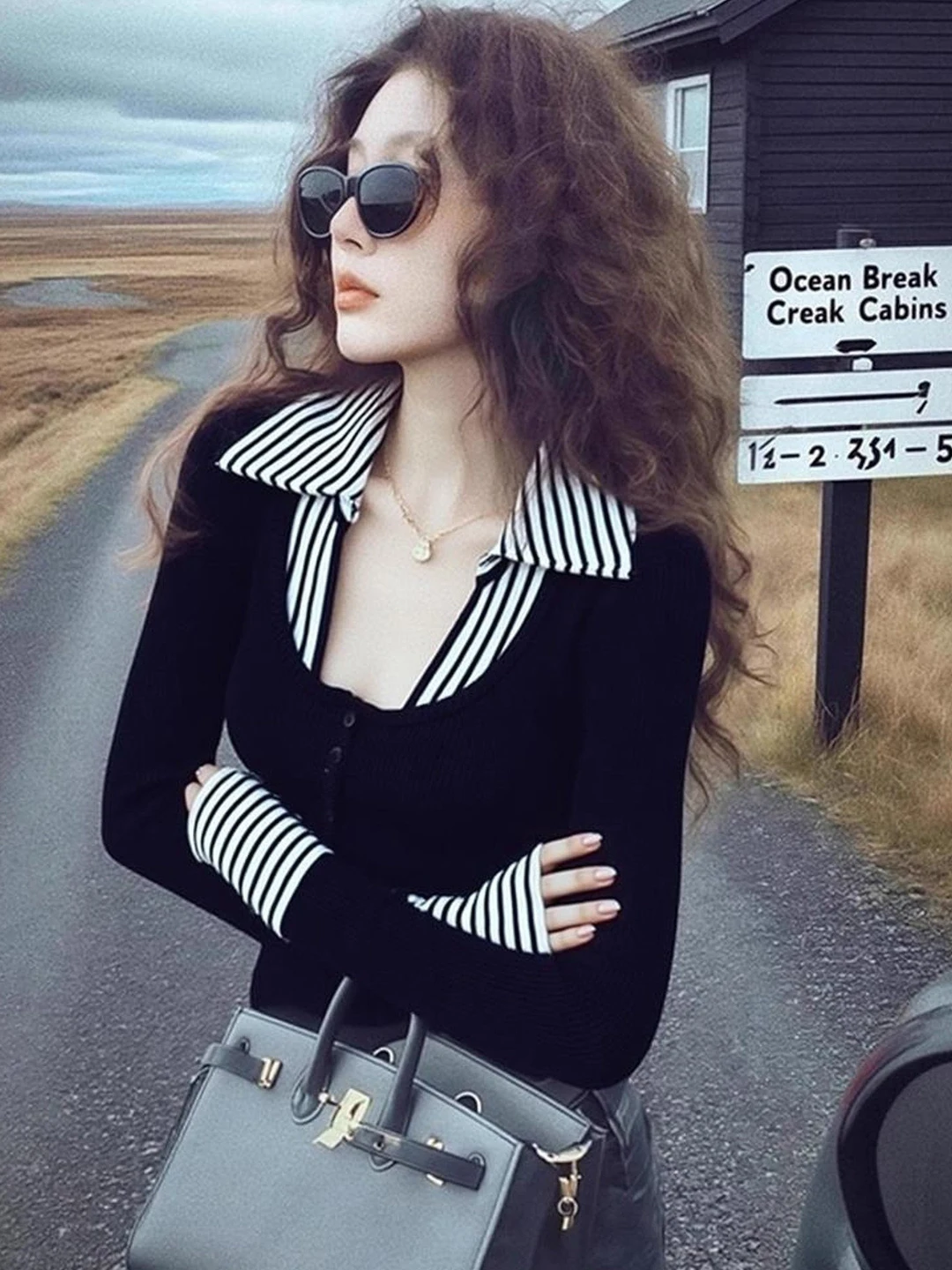

Slim Fit Knitted Base irt Women's Spring 2026 New Sle Patchwork False Two-Piece Turn-down Collar Inner Wear Top Sweater