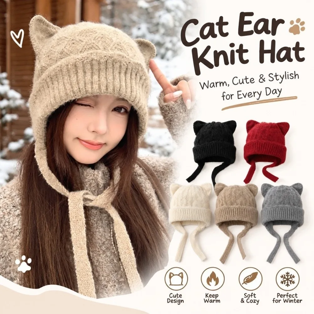 Korean Style Windproof Cat Ear Knit Hat 3D Cat Ear Skin Friendly Soft Beanie Stretchy Fit Warm Knitted Head Cover Walking
