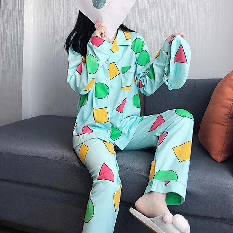 2PCS/Set Men and Women Spring Fall Couples Cute Cartoon Long-Sleeved Plus Size Homewear Green Geometric Patterns School Pajamas