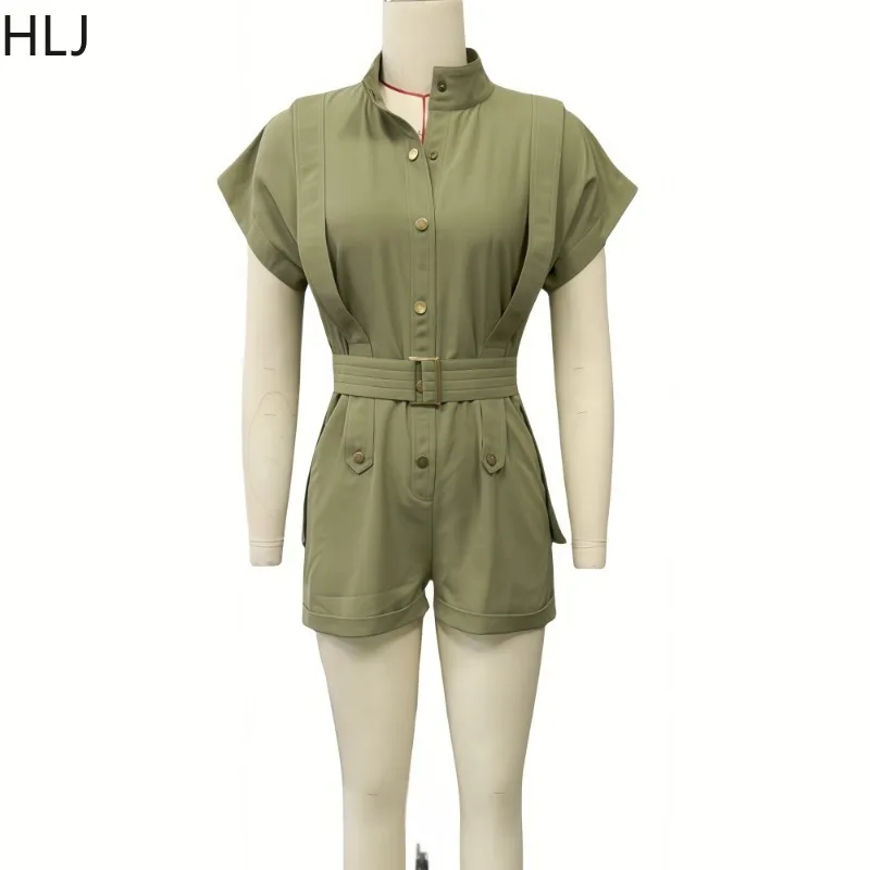 HLJ Casual Cargo Pocket Patchwork Romper Women Solid Color Short Sleeve Including Belt Jumpsuits Female Streetwear Overalls NEW