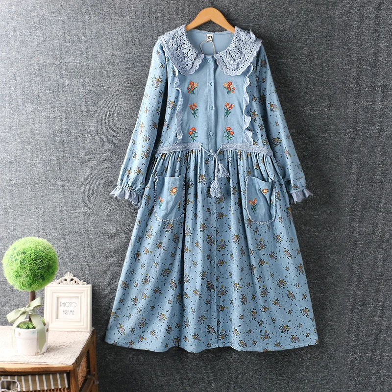 Japanese Mori Girl Embroidered Corduroy Dresses Sweet Peter Pan Collar Long Sleeve Single Breasted Dress Vintage female Vestidos