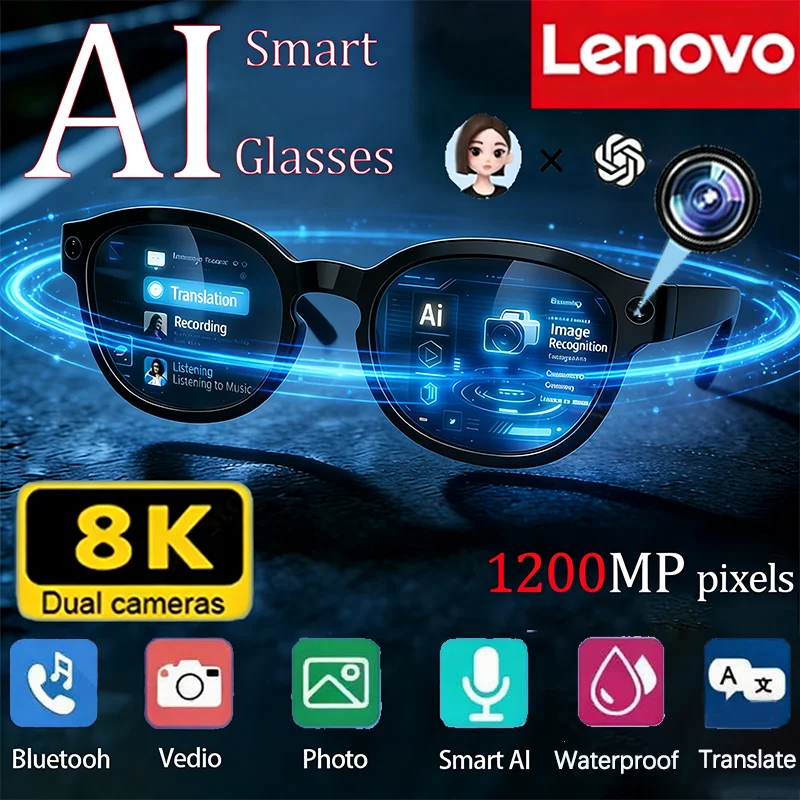 Lunettes intelligentes Lenovo 8K AI : Nouvelle traduction IA, caméra HD 1200MP, prise de vue, appels Bluetooth, enregistrement, musique, lunettes de soleil connectées
