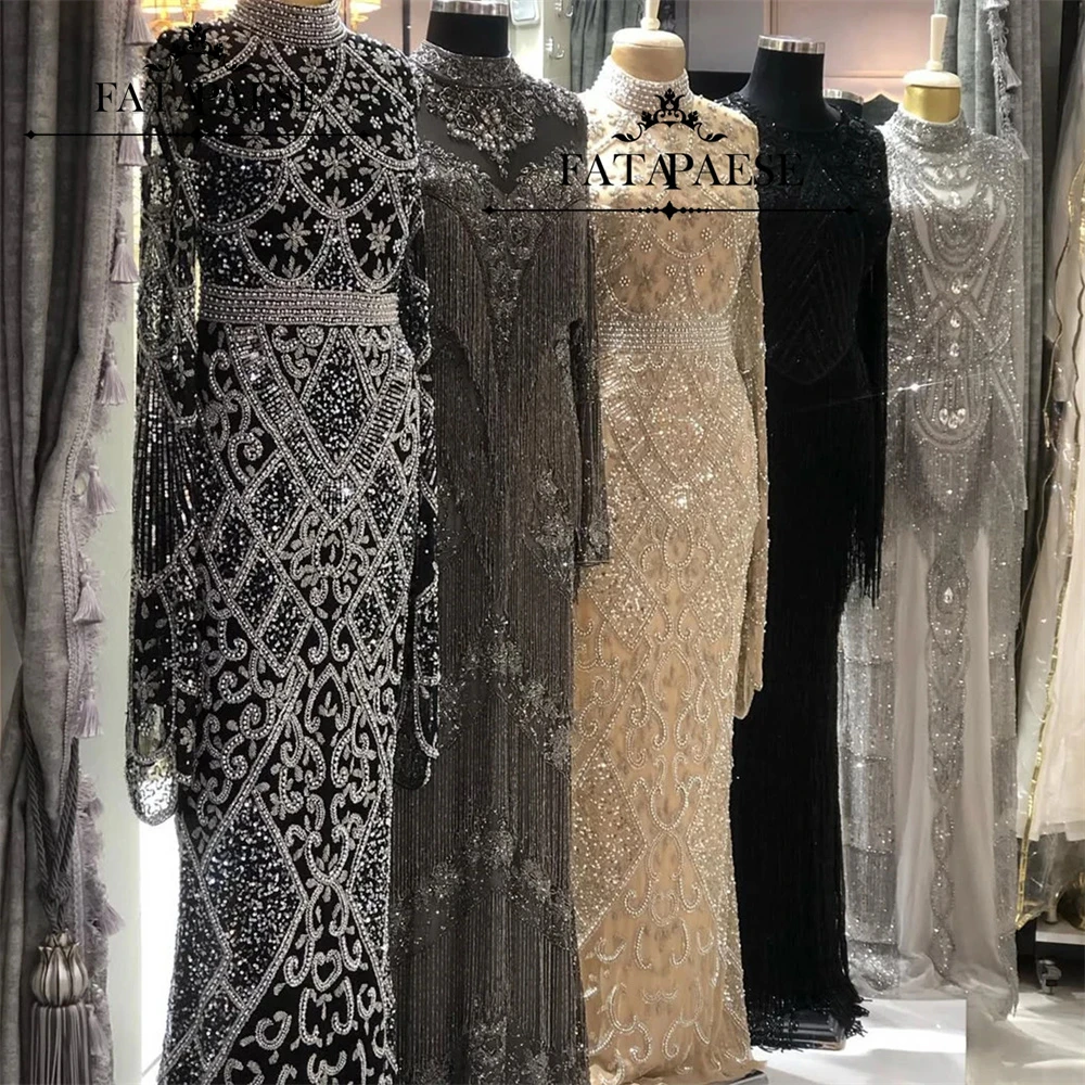 FATAPAESE 무슬림 럭셔리 이브닝 드레스 하이넥 풀 비즈 배트 슬리브 머메이드 프롬 드레스 아랍 두바이 히잡 드레스