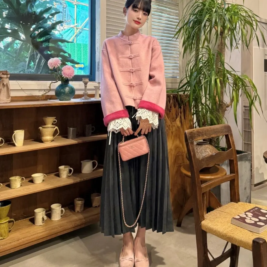 

Women's Pink Double-Sided Sheep Woolen Coat Short Winter Top Chinese National Style Fashionable Female Outerwear