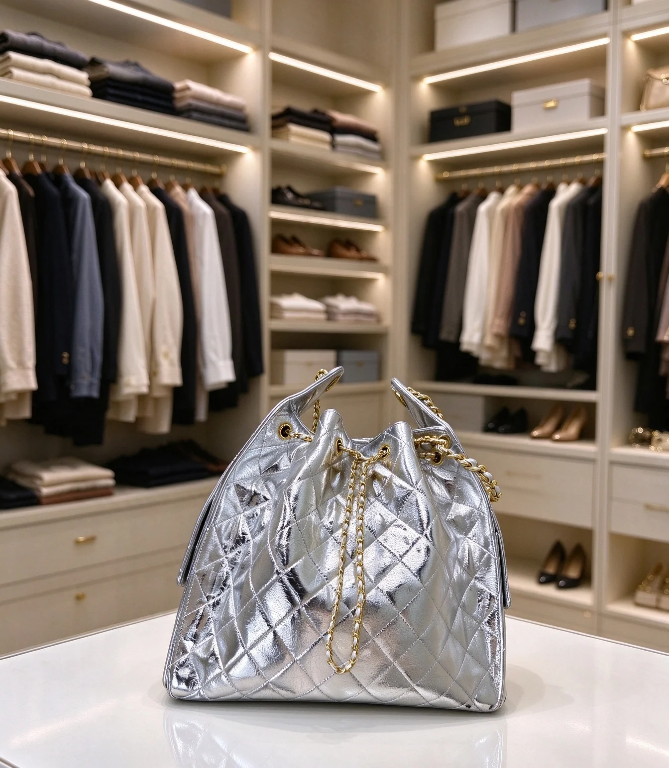 Silver Metallic Quilted Drawstring Bucket Bag With Gold Chain Strap