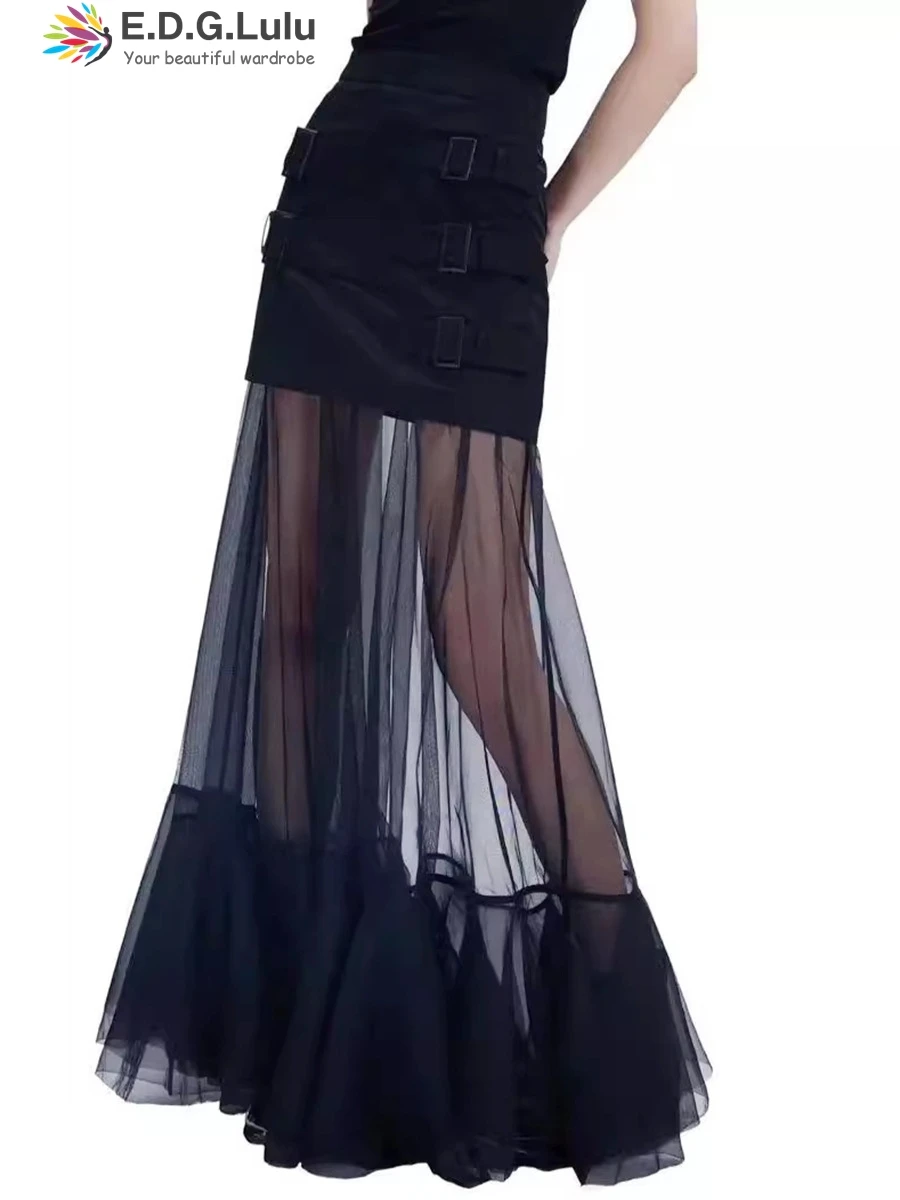 

EDGLuLu Trendy Street High Waisted Buckle Splicing Long Skirt 2025 New Fashion Sexy See Through Mesh Loose Black Long Skirt 0625