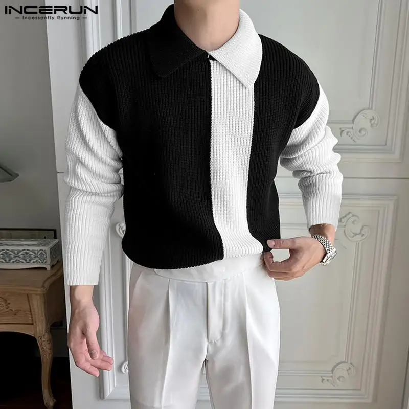 Korean Style Handsome New Men Tops INCERUN Contrast Knitting Pullovers Casual Fashion All-match Long-sleeved Lapel Sweater S-5XL