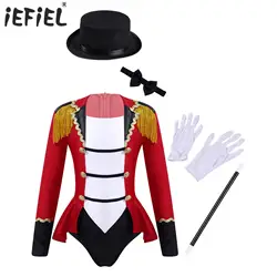 Kids Girls Circus Ringmaster Costume Magician Cosplay Costume Long Sleeve Back Zipper Leotard with Bow Tie Hat Magic Wand Gloves