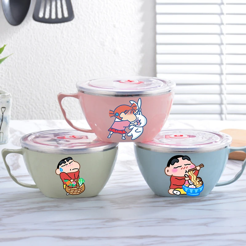 Crayon Shin-chan Noodle Bowl Large Capacity Stainless Steel Bowl Double-layer Heat Protection Instant Food Storage Container New