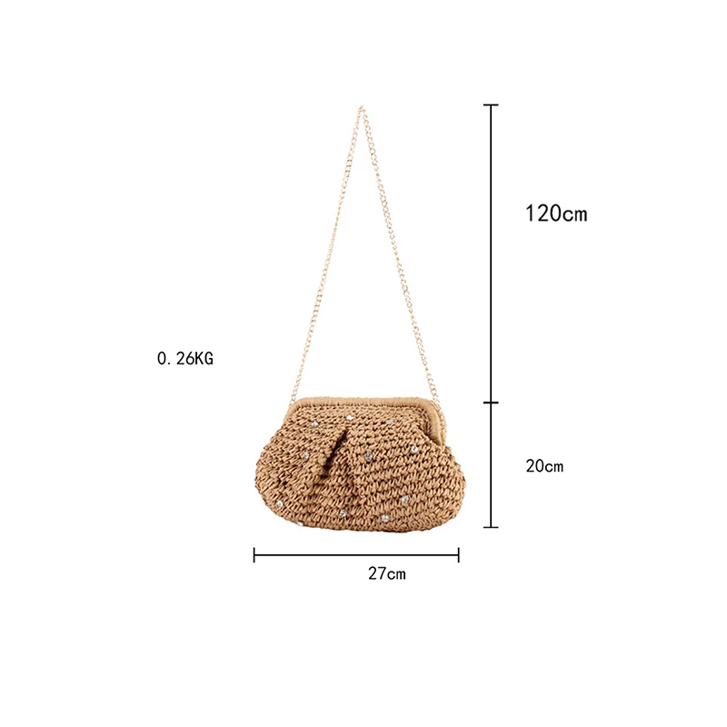 Strohgewebte Ketten-Umhängetasche, Damen-Clutch mit Strass-Verzierung und Verschlussrahmen, Leichte Sommer-Strandtasche für den Abend – Detail 1