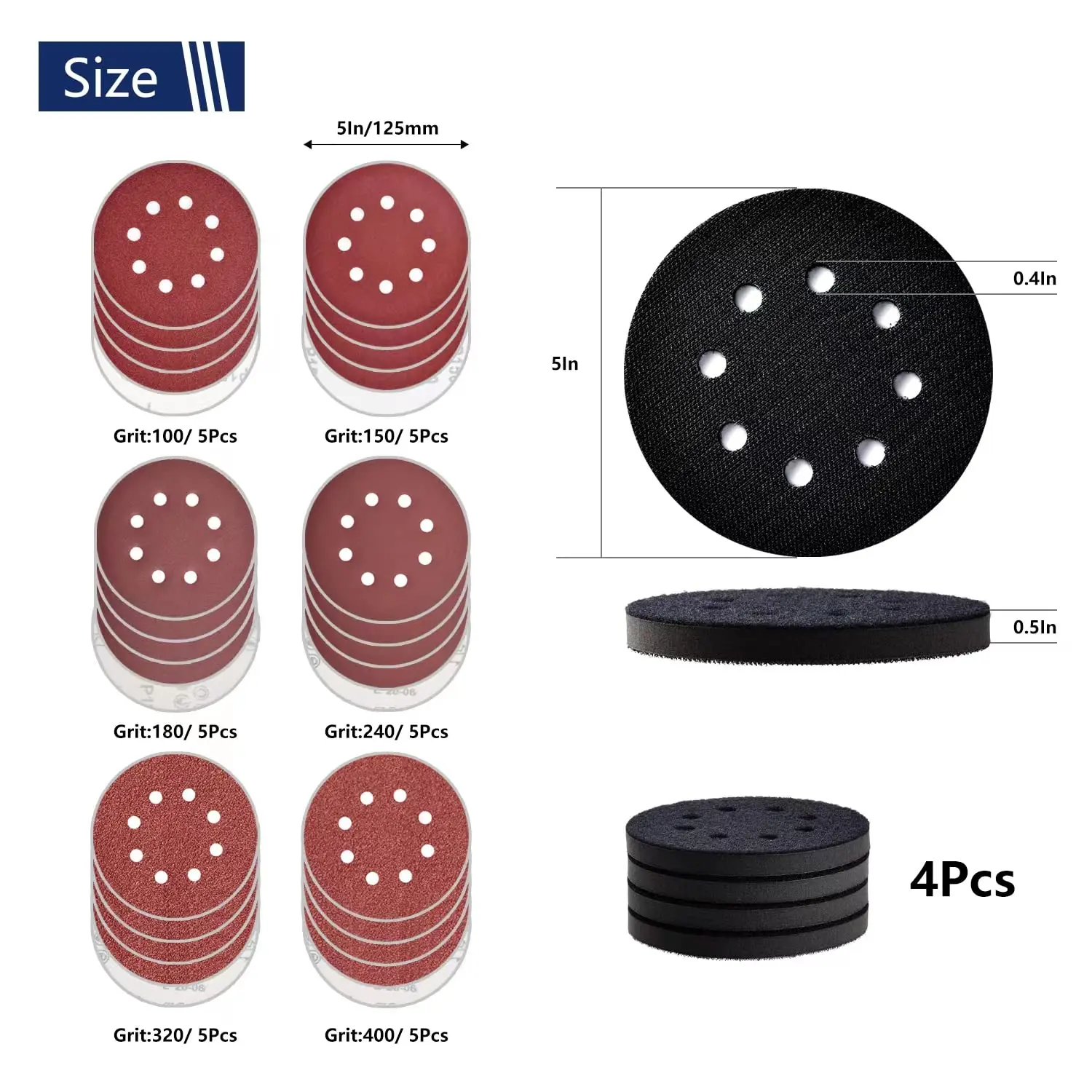 5 inch 8 Holes Sandpaper Kit 35 Pcs Hook and Loop with Interface Pad and Backing Pad for Grinding Wooden Furniture Metaling