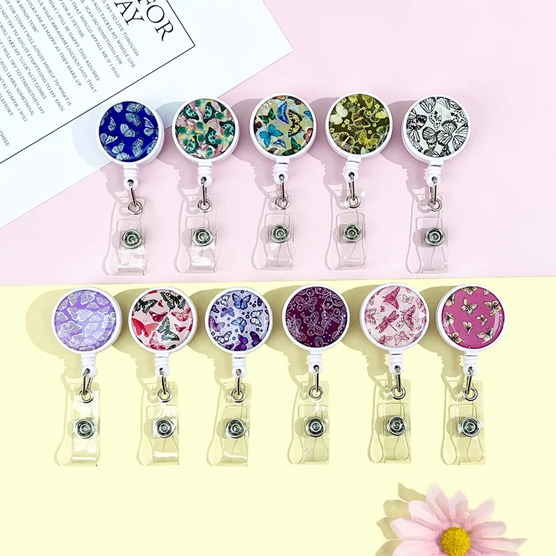 

Cartoon Butterfly Retractable ID Badge Reel for Nurses Work ID Holder Pull Force Clip Adjustable Lanyard Name Tag Card Clip