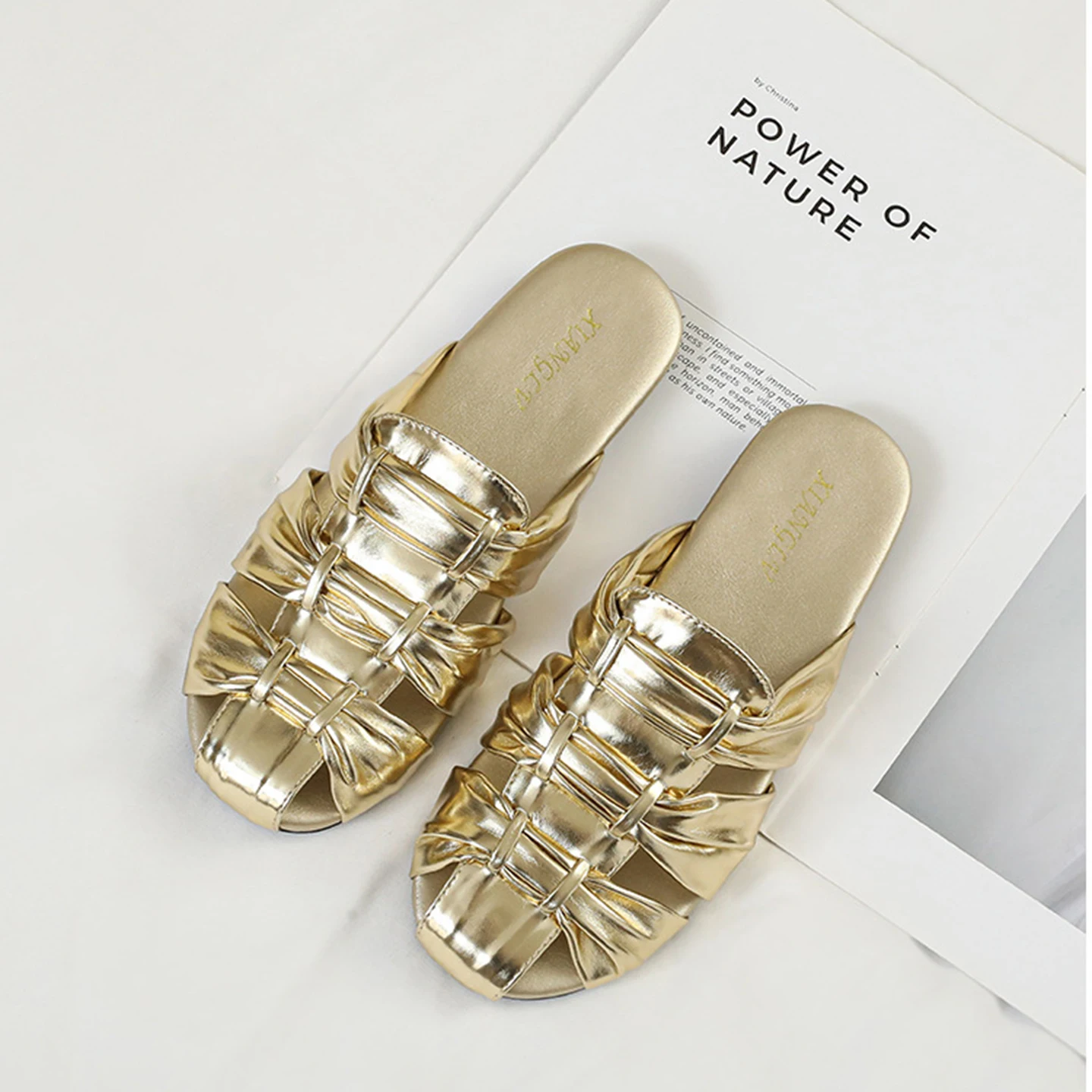 Fashionable Women Mules Summer Sandals Roman Woven Hollow-out Round Toe Soft Flat Shoes Comfort Slip On Outdoor Slippers 36-42