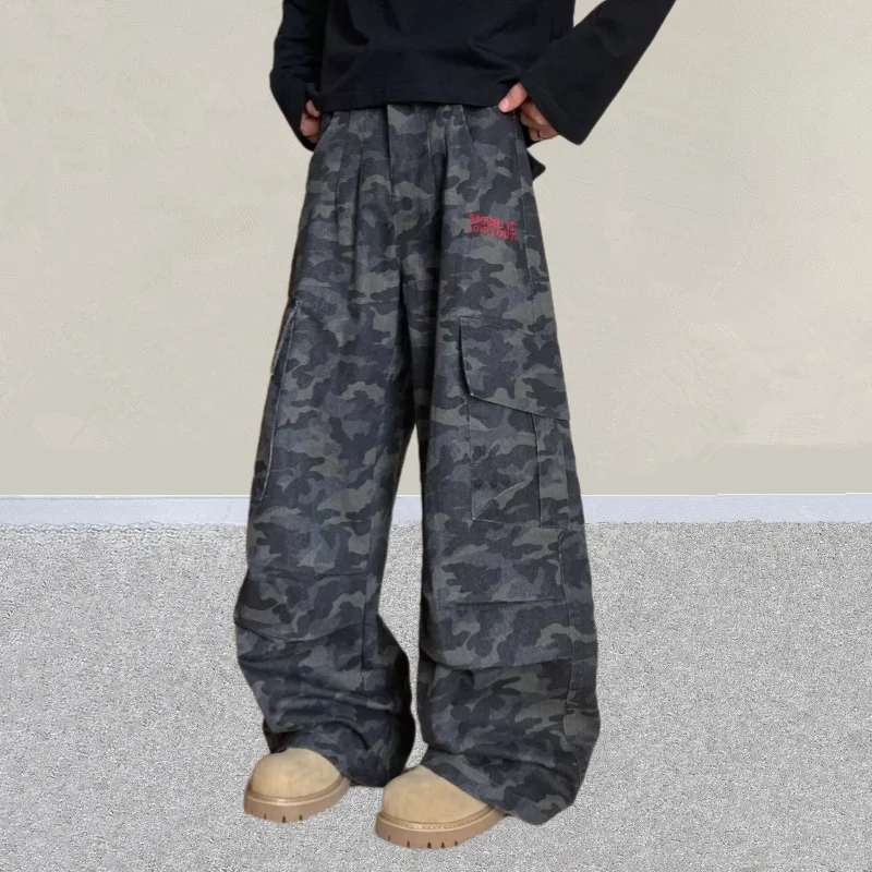 

2021, японский стиль Y2K, камуфляжные мешковатые плиссированные джинсы-карго, брюки для мужчин, одежда, прямые длинные брюки в стиле Харадзюку, Moda Hombre