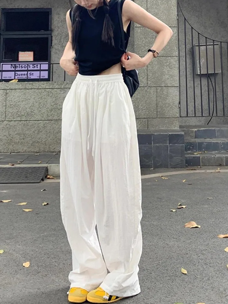 

White Quick Dry Sports Casual Pants Women Summer Loose Drapey Straight Leg Long Pants Small Size Sun Protection Wide Leg Pants