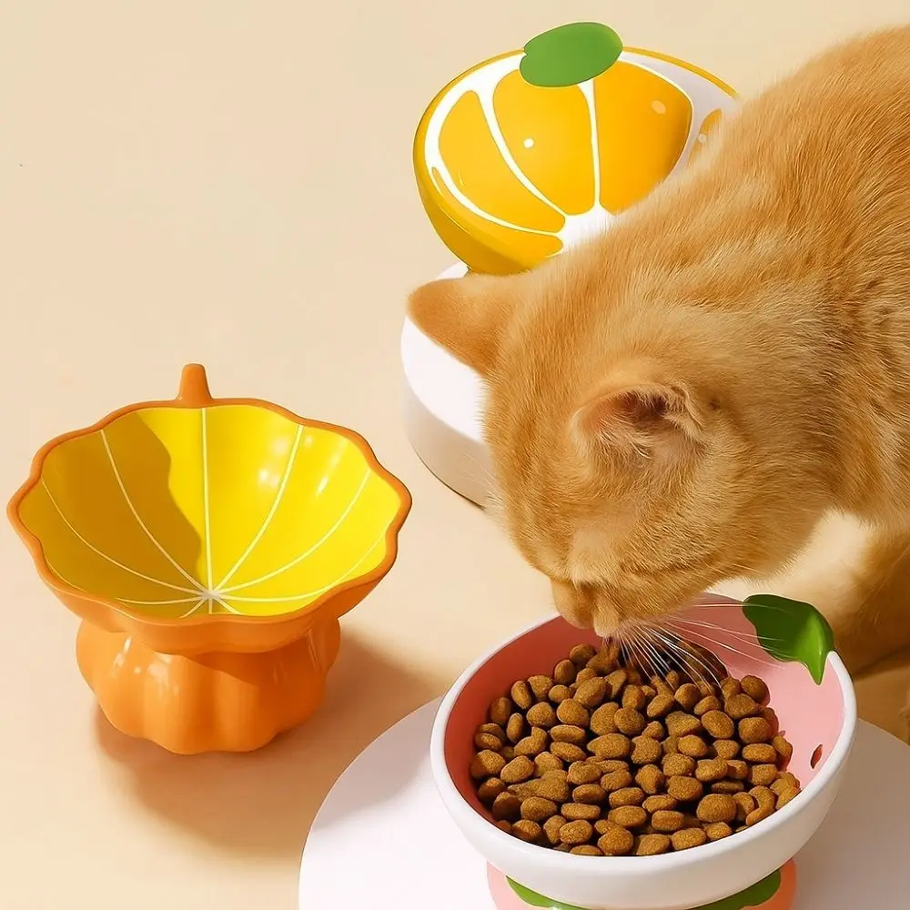 

Hand Painted Ceramic Raised Cat Bowl Fruit Series Oblique Mouth Tilted Cat Dish High Foot Neck Protection Anti Vomiting Cat Bowl