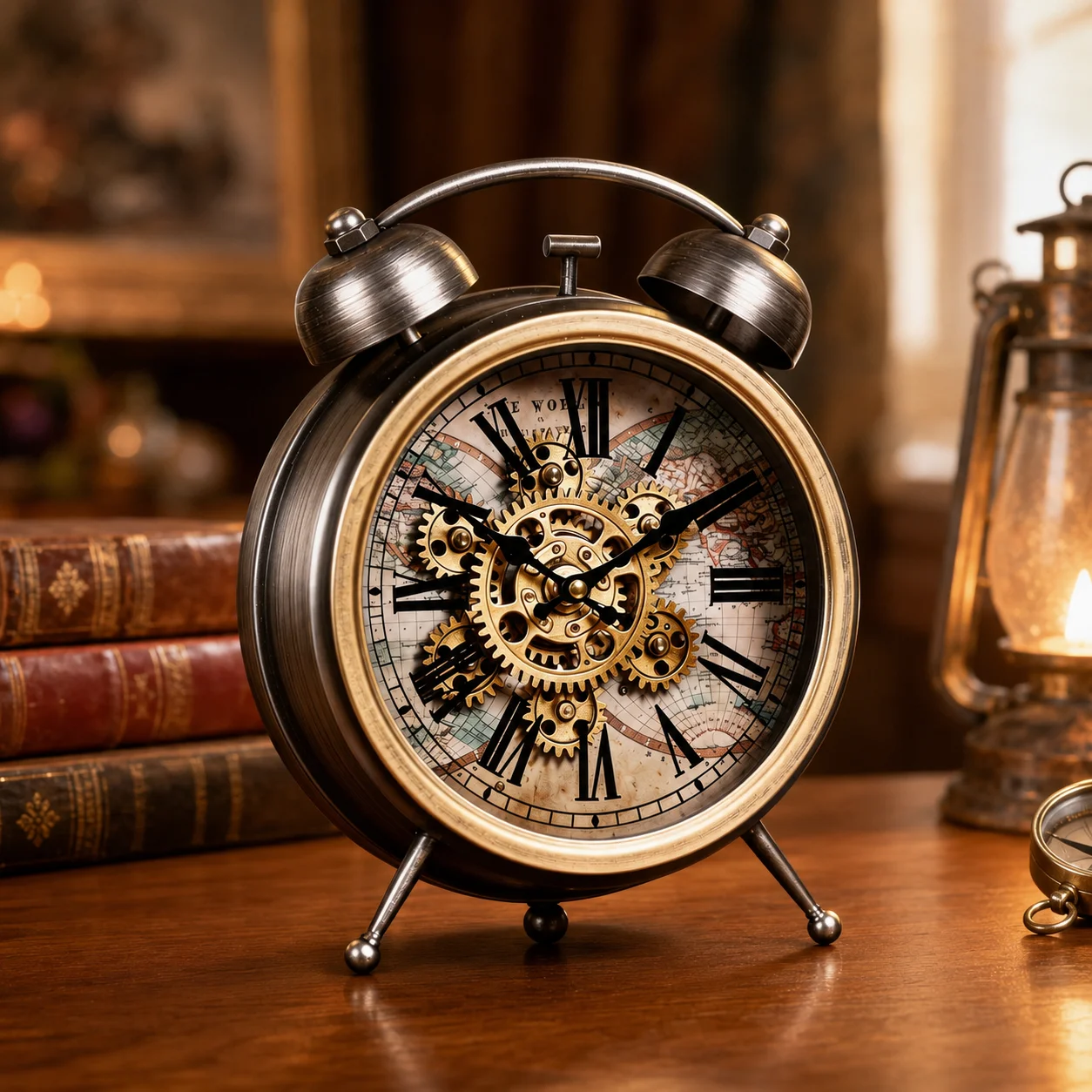 30cm Vintage Metal Table Clock with Moving Gears Silent Quartz Battery Operated Steampunk Desk Mantel Clock Home Office Decor