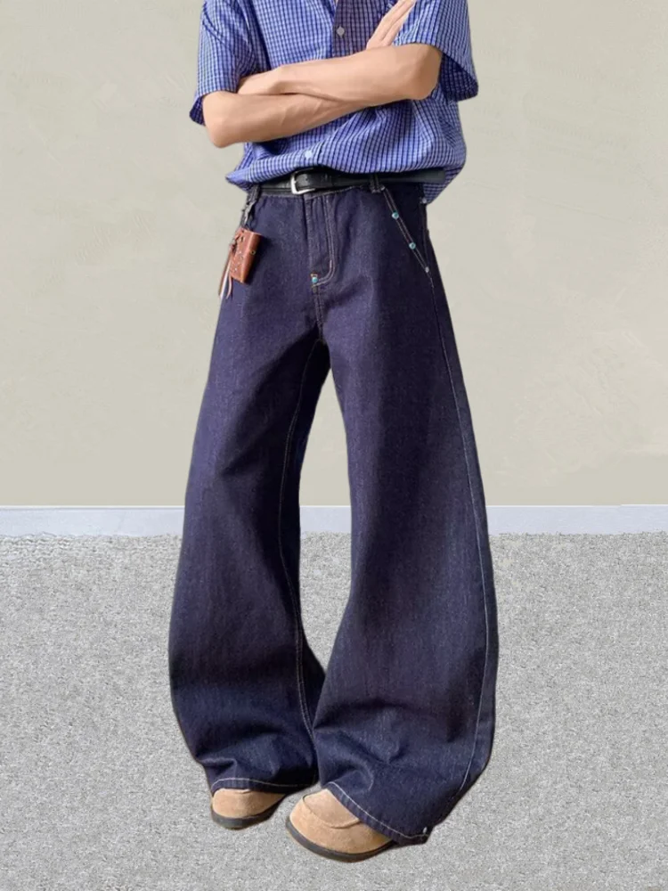 2025 사이버 Y2K 스트릿웨어 터키석 버튼 다크 블루 배기 청바지 남성 의류 스트레이트 데님 바지 팬츠