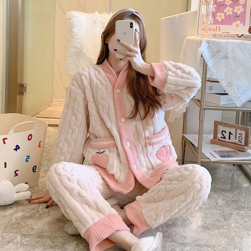 Thickened Warm Sleepwear Pink Peach Coral Velvet Women Homewear Suit Autumn and Winter Ladies Cardigan Two-Piece Set Nightwear