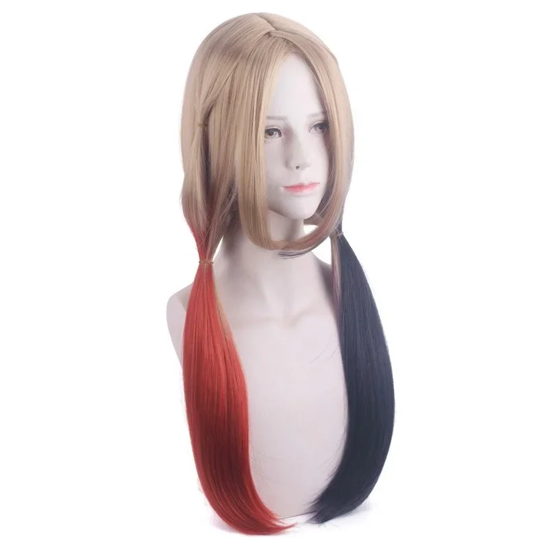 Peruca de anime palhaço cosplay para mulheres, rabo de cavalo vermelho e azul, material longo resistente a altas temperaturas, acessórios de vestir