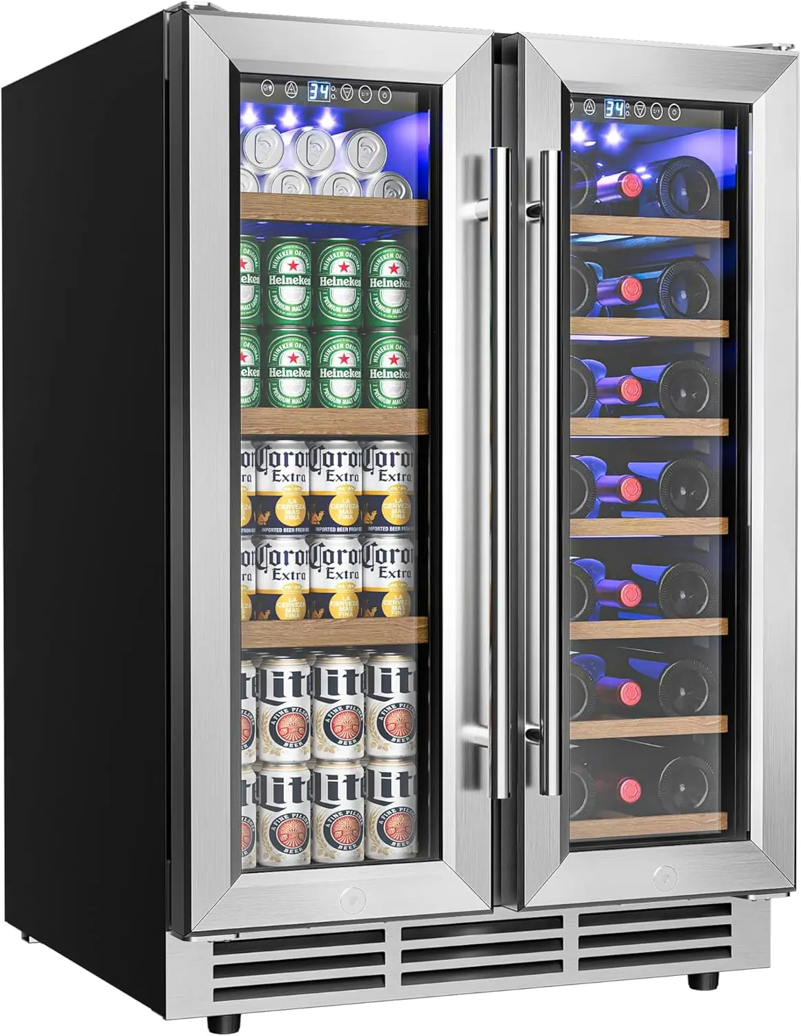 

Wine and Beverage Refrigerator, 24 Inch Dual Zone Wine Cooler with Glass Door Hold 21 Bottles and 88 Cans, Built in