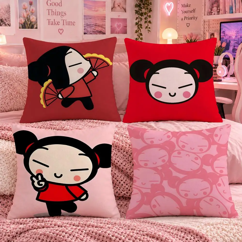 Cartoon Cute Kids P-Pucca Cushion Cover Double Sided Print Short Plush Pillow Sofa Bedroom Dorm Room Decor Gift