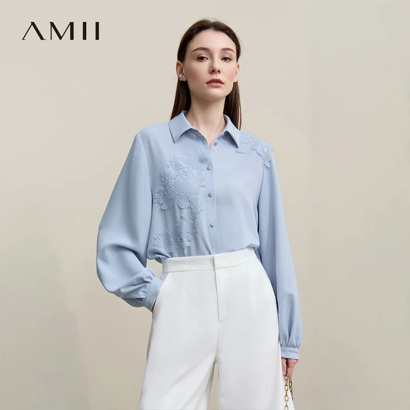 

Amii Women's Shirt 2026 Spring New Elegant Loose Chiffon Shirt Commuter Turn-Down Collar Patchwork Lace Women's Top 12611022