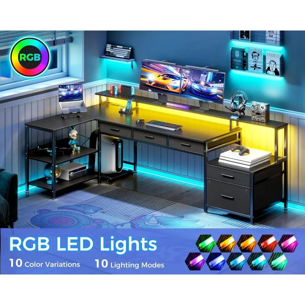 L Shaped Desk, Power Outlet & LED Strip, Office Desk with Storage Shelves,  Monitor Shelf, 66" Reversible L Shaped Computer Desk