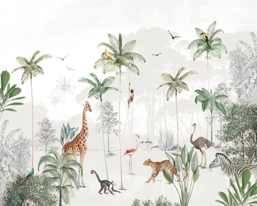 Milofi Nordic peint à la main de petites plantes tropicales fraîches tigre animaux fond mural