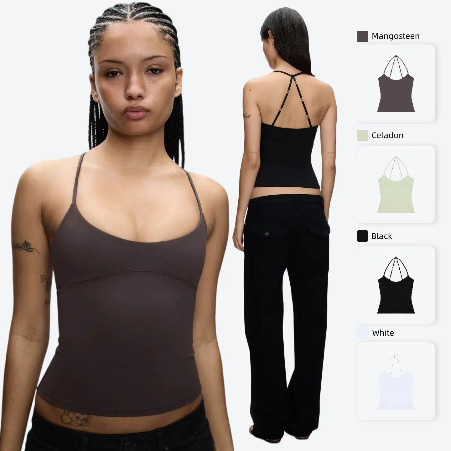 Tank 26SS Celadon Green Cross-Back Halter Neck Crop Top with Cinched Waist and Shoulder Straps