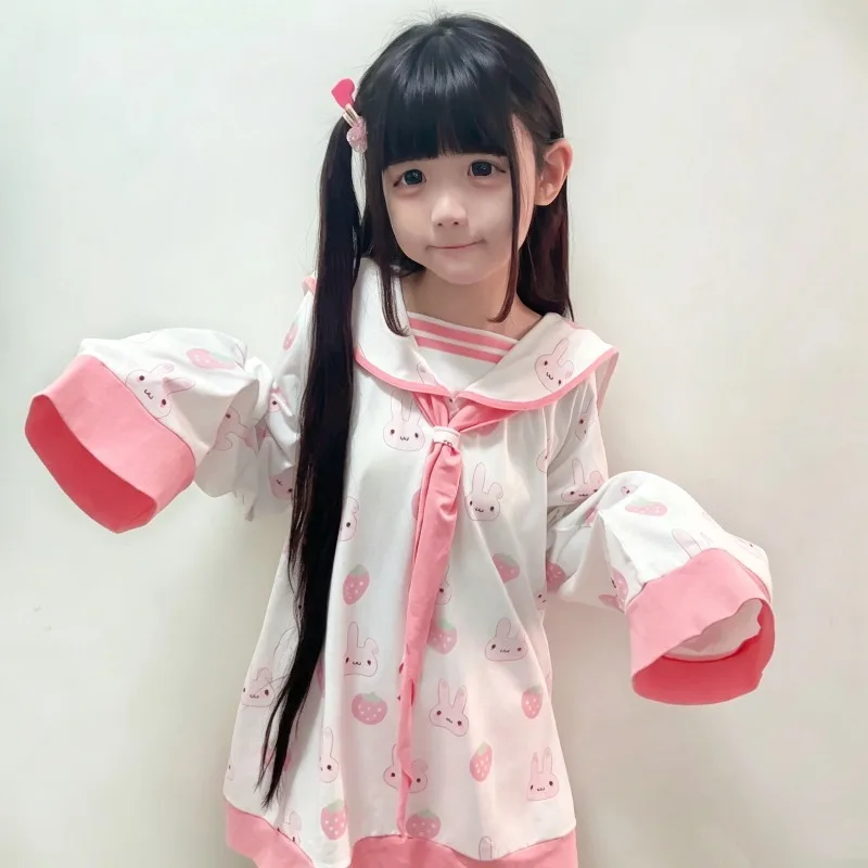 

Harajuku Japanese Kawaii Dress Cute Rabbit Print Sailor Suit Y2k Pink Subculture Long Sleeve Skirt Anime Home Wear Outfits