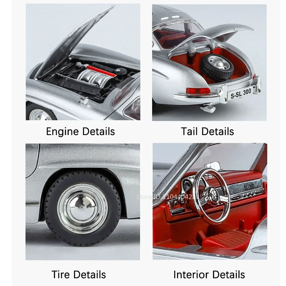 Voitures Vintage en alliage 1:24 300SL 500K, modèles moulés sous pression, portes ouvertes, son et lumière, traction arrière, direction de roue avant, voiture Miniature, cadeau pour garçon