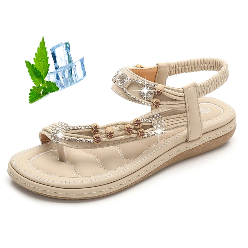 Plus Size Women's Flat Strap Sandals, YAOGUANG Women'S Boho Tendon Soft Sole Round Toe Flat Sandals Vintage Rhinestone Beaded