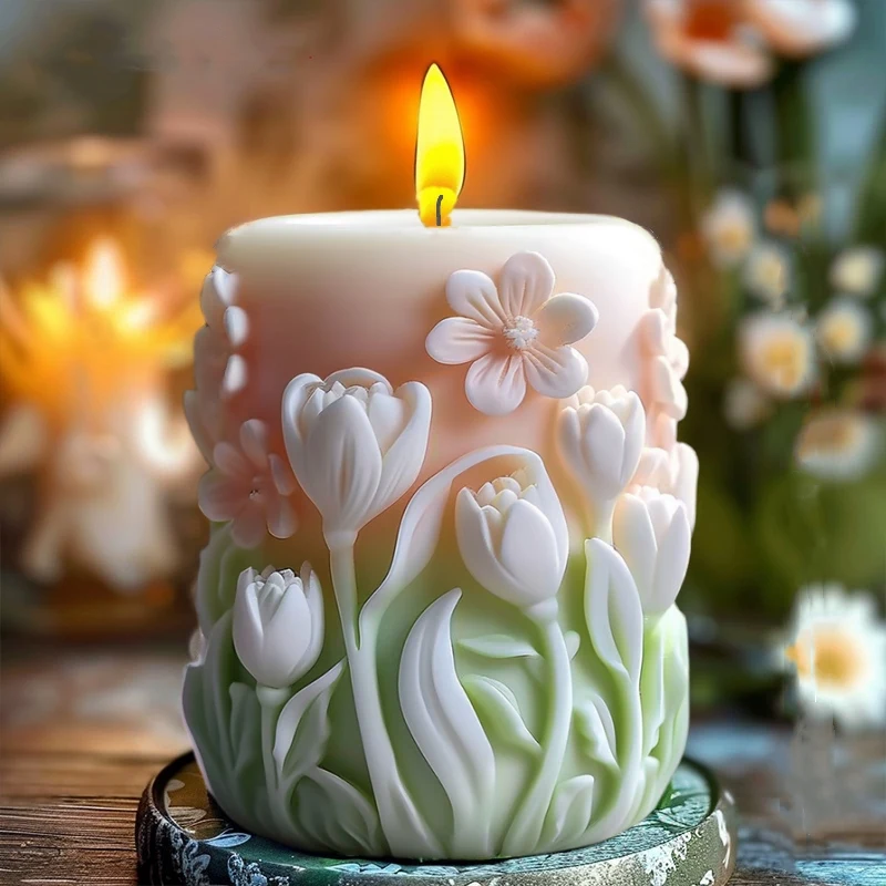 DIY Chrysanthemum flower relief cylindrical candle silicone mold flower bouquet relief resin mould blooming flower gypsum molds