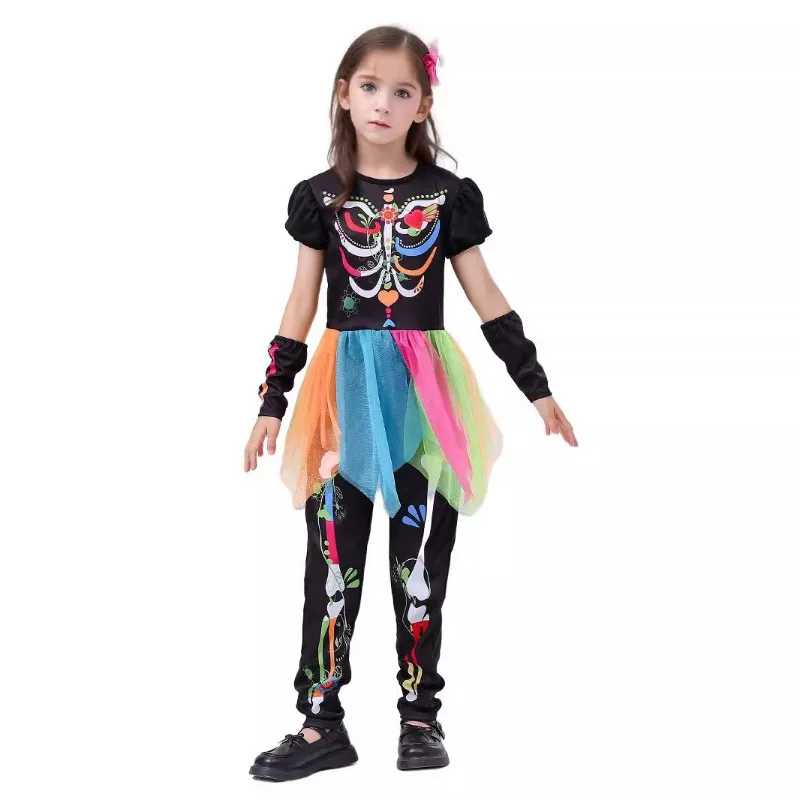 Halloween Children's Costumes Girls Day of The Dead Colorful Skeleton Princess Dress Cosplay Role-playing Performance Costumes
