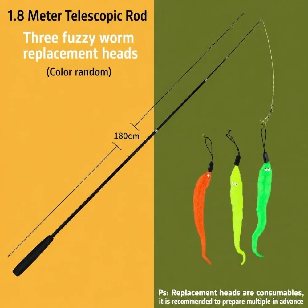 1.8m Extra Long Retractable Cat Wand 4-Section Telescopic with Detachable Feather Worm Refill Cat Teaser Stick Fishing Pole Cat